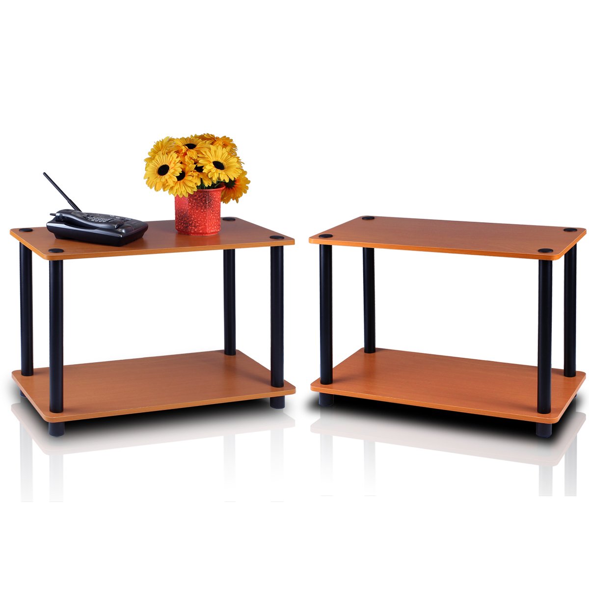 Furinno Turn-N-Tube 2-Tier Shelves/End Tables Set, 2-Pack, Light Cherry/Black