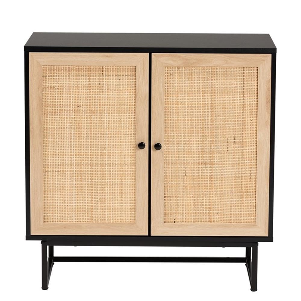 Baxton Studio Declan Mid-Century Modern Espresso Brown Finished Wood and Natural Rattan 2-Door Storage Cabinet
