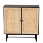 Baxton Studio Declan Mid-Century Modern Espresso Brown Finished Wood and Natural Rattan 2-Door Storage Cabinet