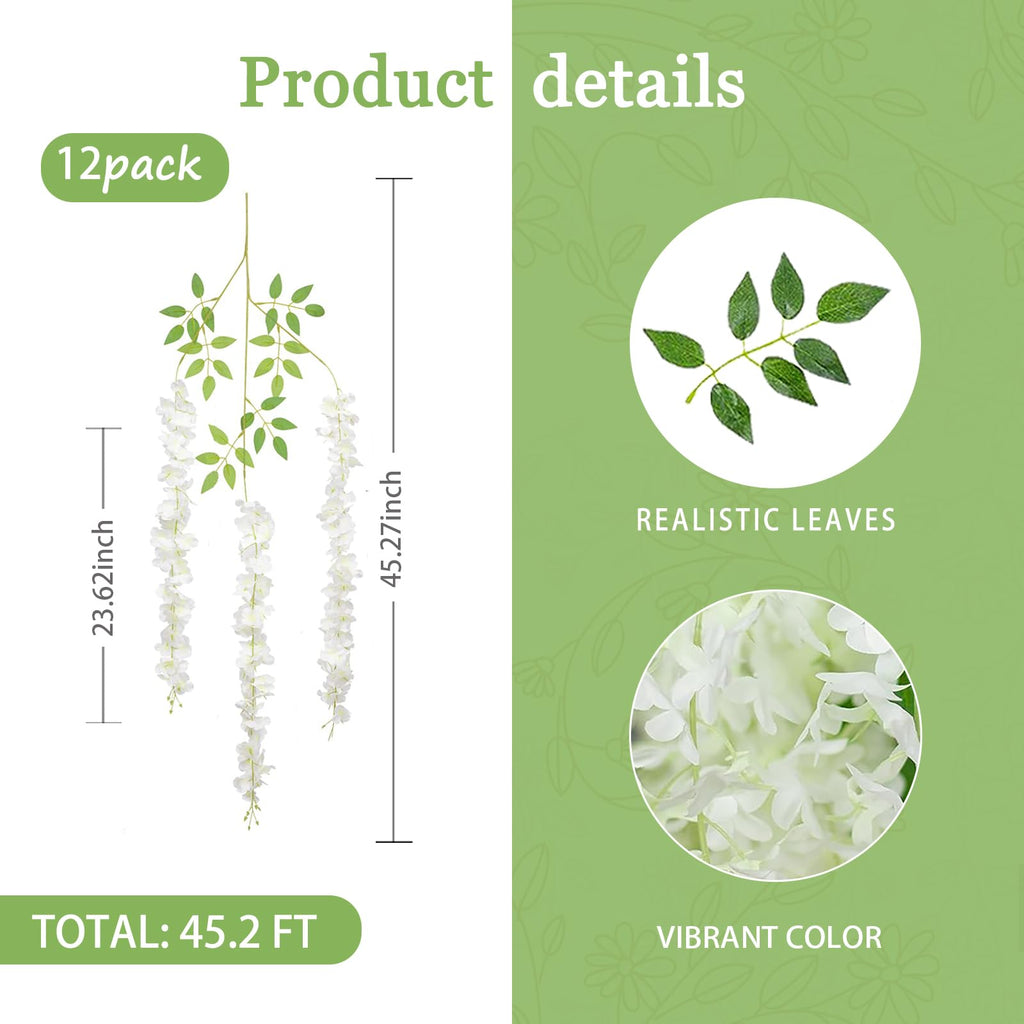 Luerbi 12 Pack Cream Wisteria Hanging Flowers Garland, 3.77 Feet Cream Artificial Wisteria Flower Vines, Fake Cream Wisteria, Cr