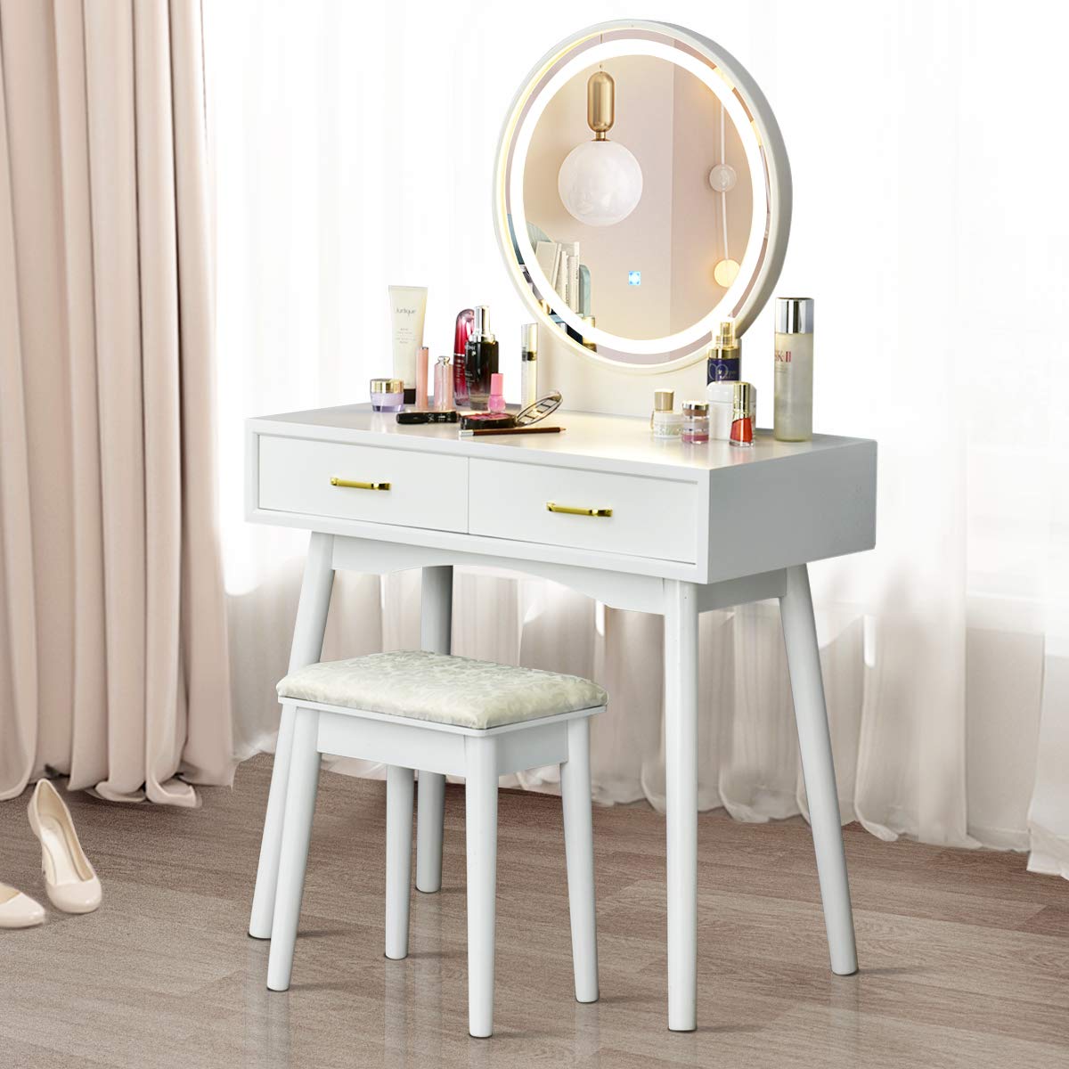 Charmaid Vanity Set With Touch Screen Dimming Lighted Mirror, 3 Color Lighting Modes, Modern Bedroom Makeup Dressing Table With 2 Sliding Drawers And Cushioned Stool For Girls Women (White)