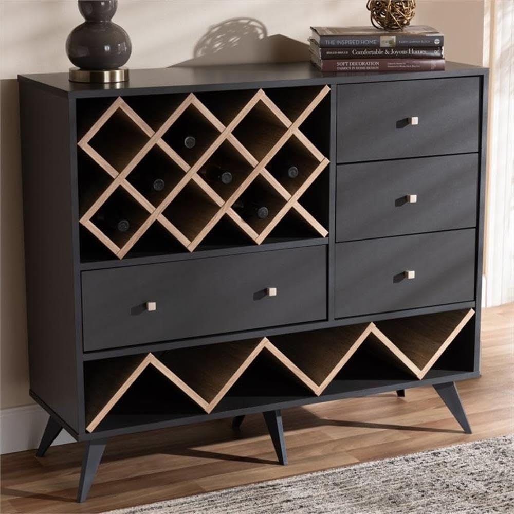 Baxton Studio Savino Mid-Century Modern Dark Grey and Oak Finished Wood Wine Cabinet
