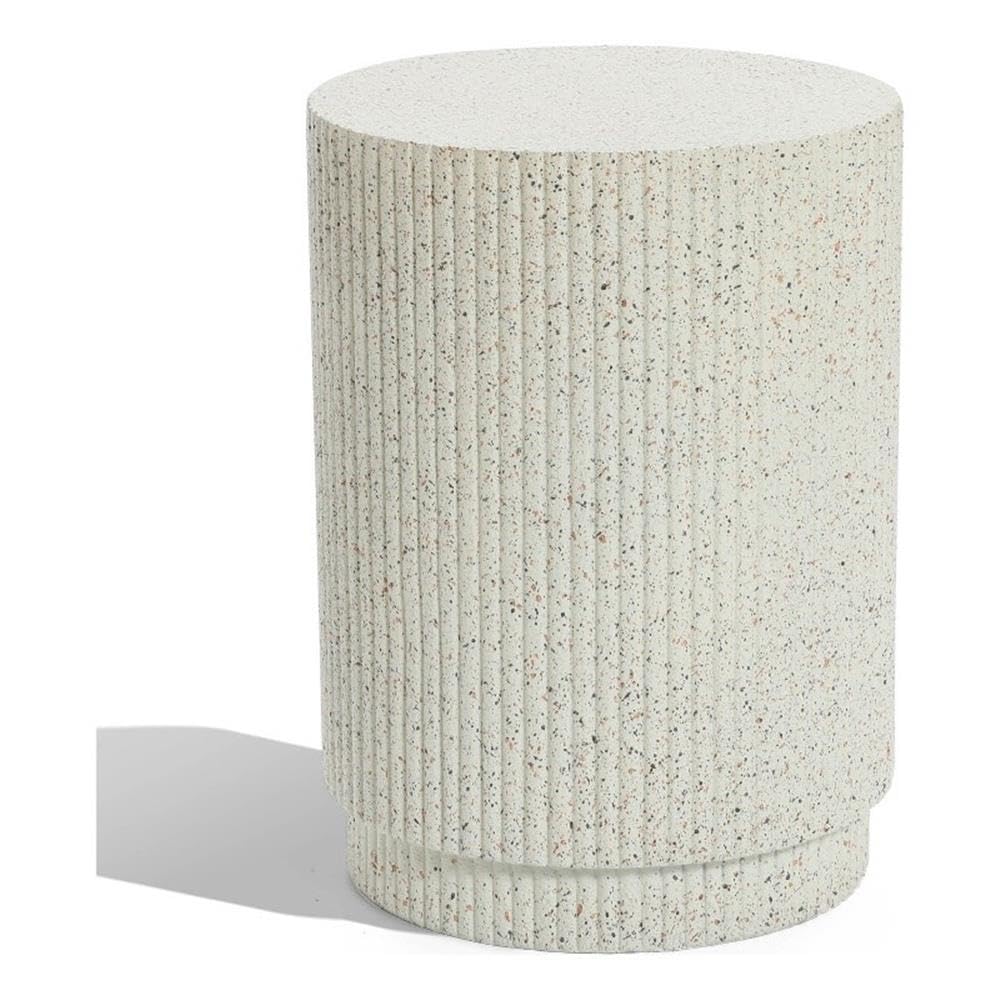 Luxenhome Cream Cement Round Outdoor Side Table, End Tables For Patio, Garden Small Accent Decorative Stool, Plant Stand Drum Table Indoor And Outdoor