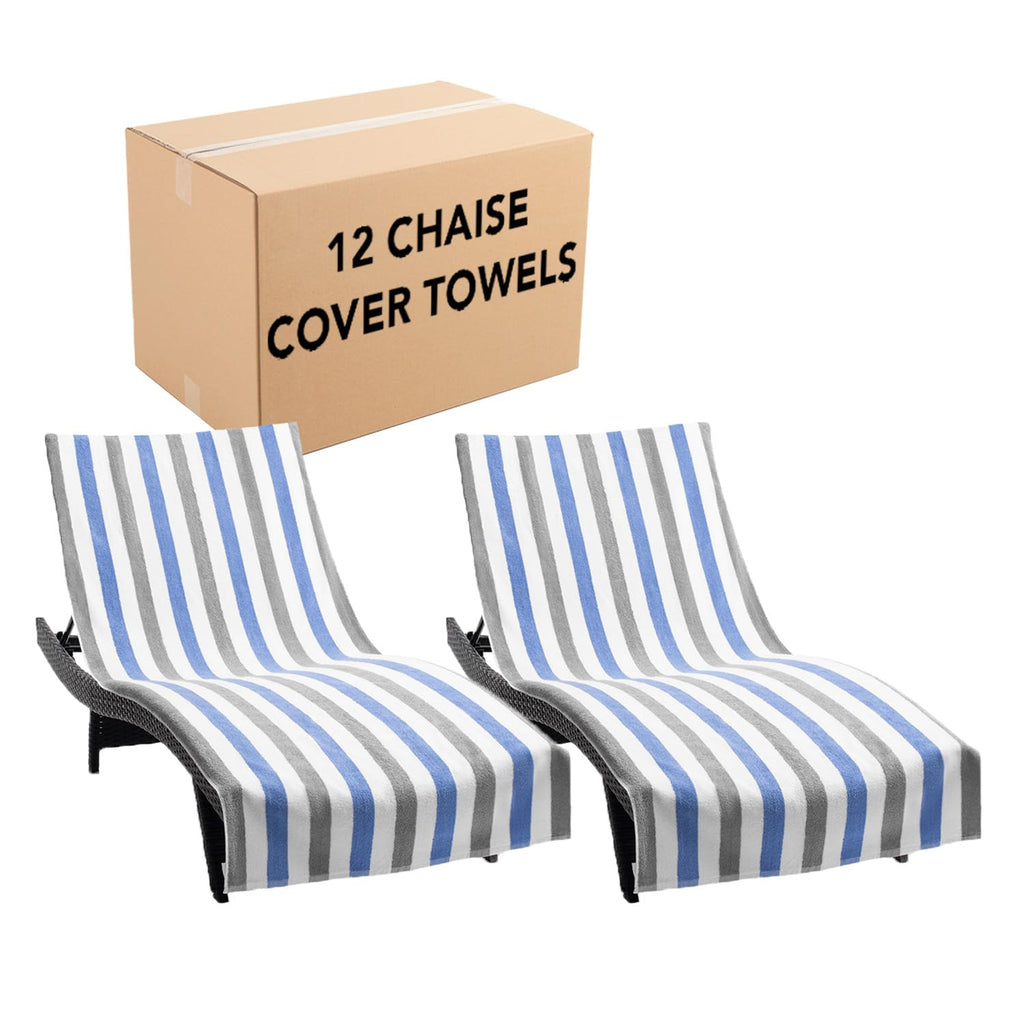 Arkwright Cabo Chaise Lounge Cover - Case Of 12 - Striped Soft Cotton Cabana Towel With Pocket Holder For Beach Pool Outdoor Chair, 30 X 85 In., Cornflower Blue/Grey