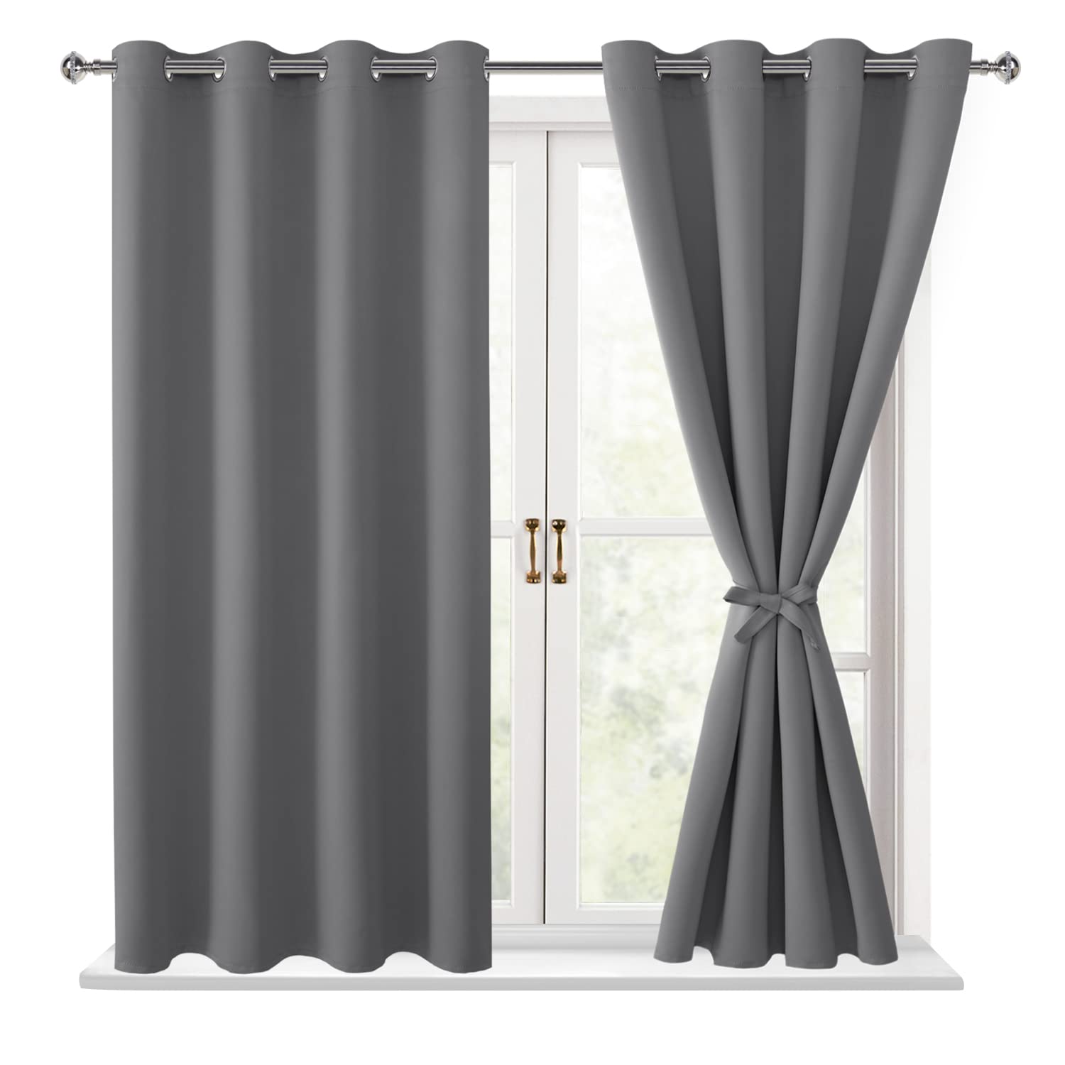 Hiasan Blackout Curtains For Bedroom, 52 X 54 Inches Long - Thermal Insulated & Light Blocking Window Curtains For Living Room, 2 Drape Panels Sewn With Tiebacks, Light Grey