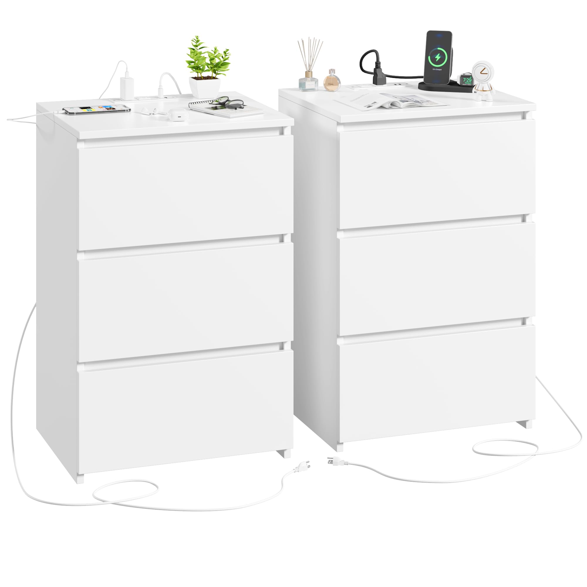 FOTOSOK White Nightstand Set of 2, 26  H White Night Stand with Charging Station, Nightstand Set 2 with USB Ports & Power Outlet