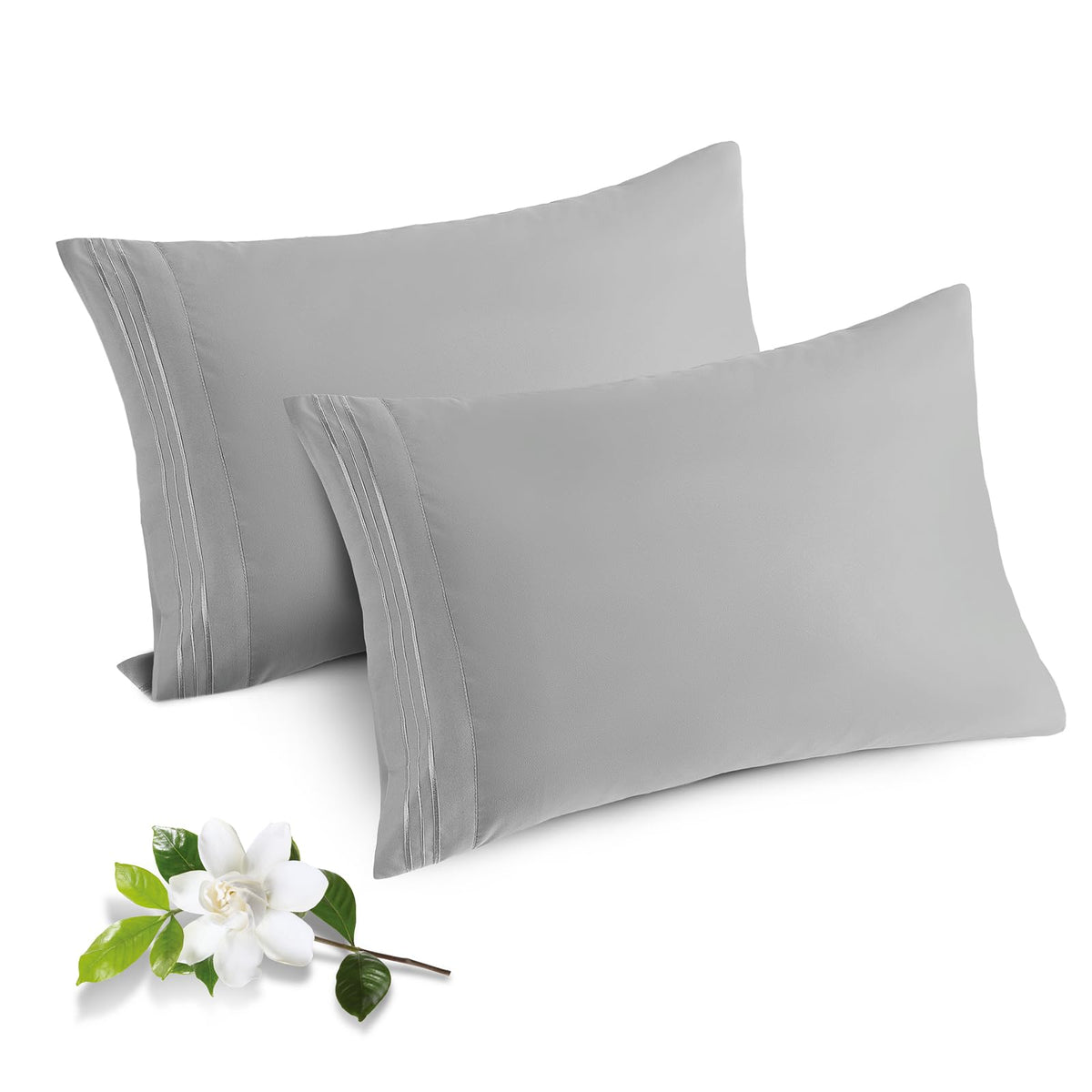 Horbaunal 2 Pack Microfiber Pillowcases King Size Light Grey Bed Pillow Cases With Envelope Closure, 1800 Thread Count Soft & Sh
