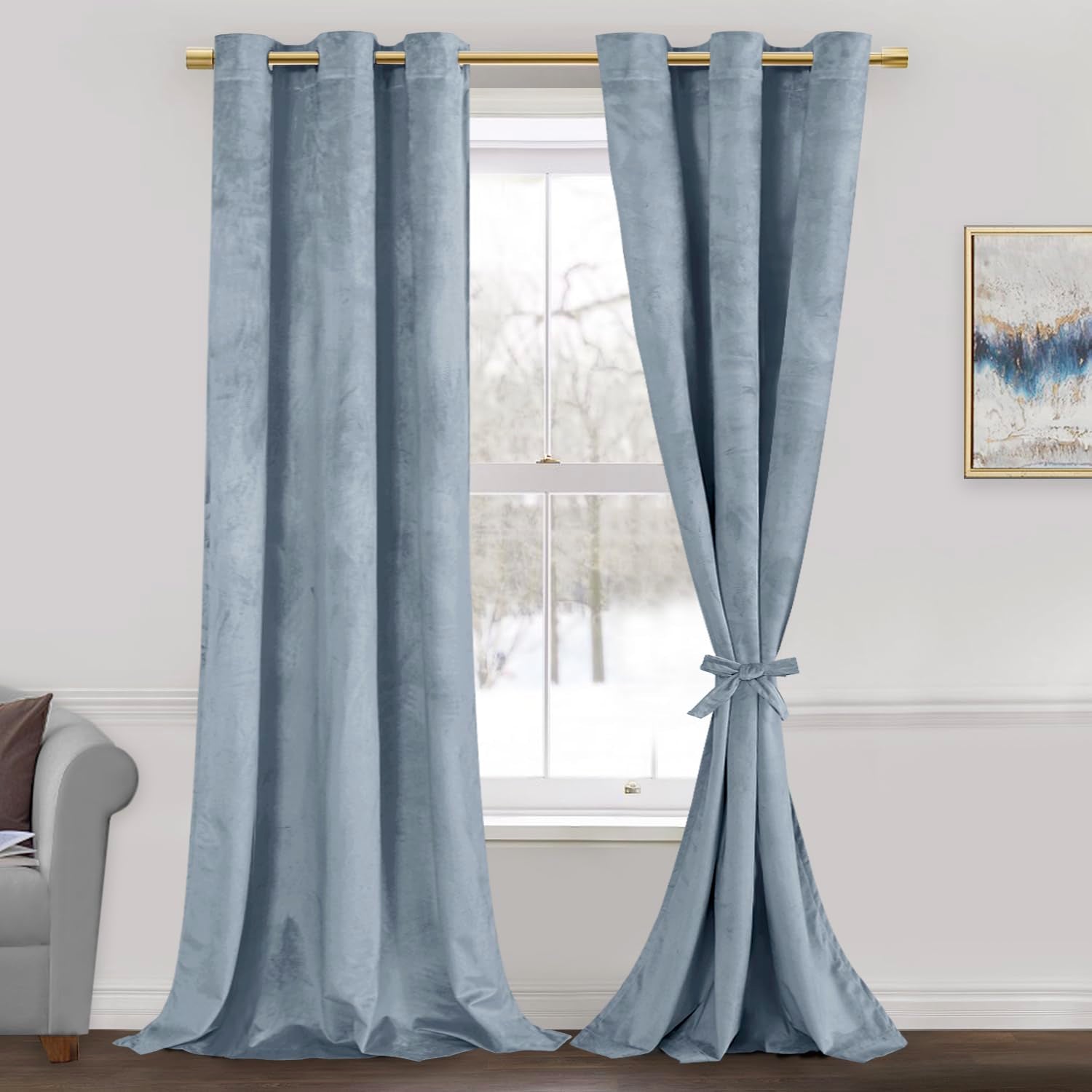 Jiuzhen Stone Blue Velvet Curtains 84 Inches Blackout Curtains For Living Room - Privacy Protect Room Darkening Grommet Thick Ve