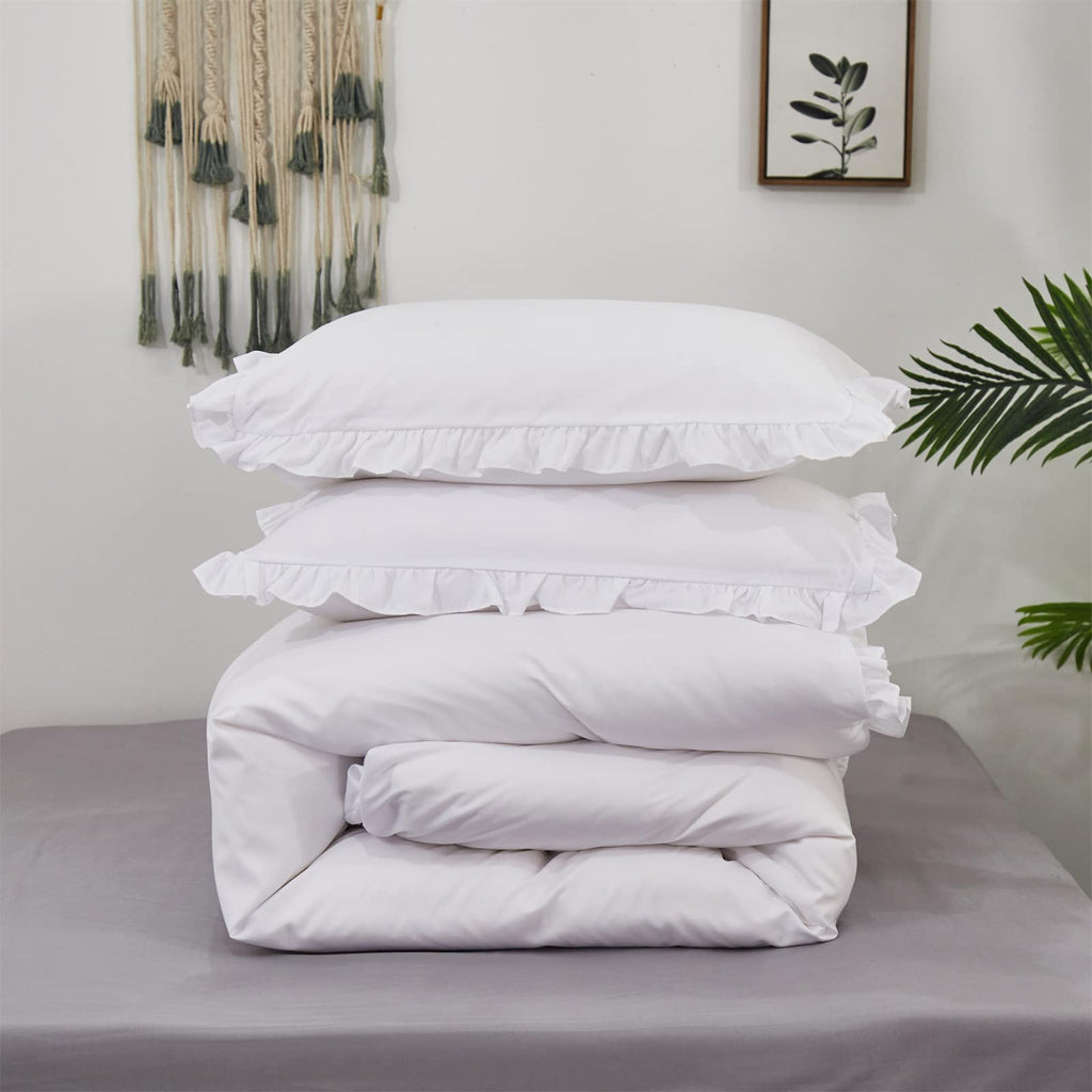 Luxlovery White Ruffle Comforter Set Twin Farmhouse Bedding Comforter Set Boho Shabby Chic Plain White Blanket Quilts Vintage Ru