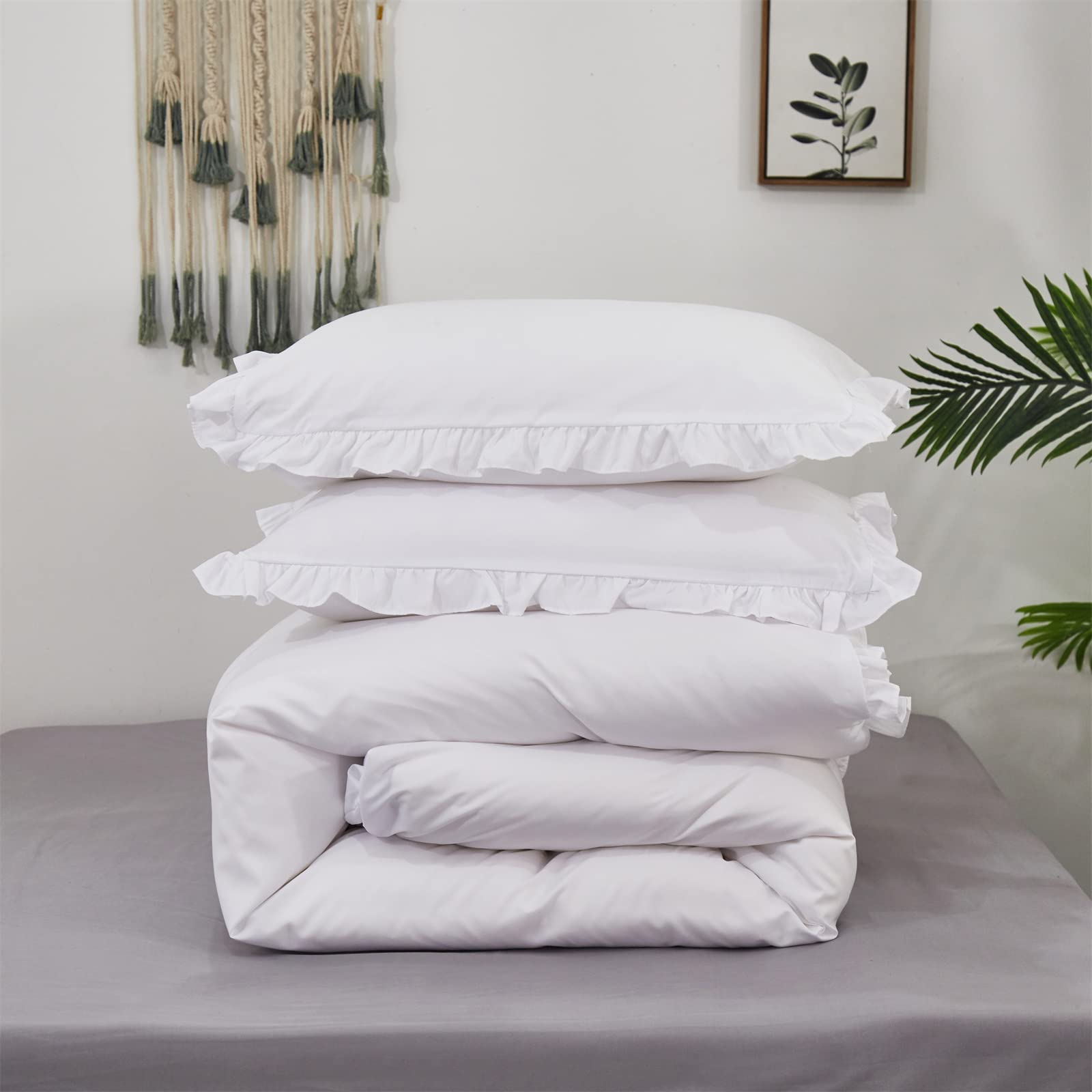 Luxlovery White Ruffle Comforter Set Twin Farmhouse Bedding Comforter Set Boho Shabby Chic Plain White Blanket Quilts Vintage Ru
