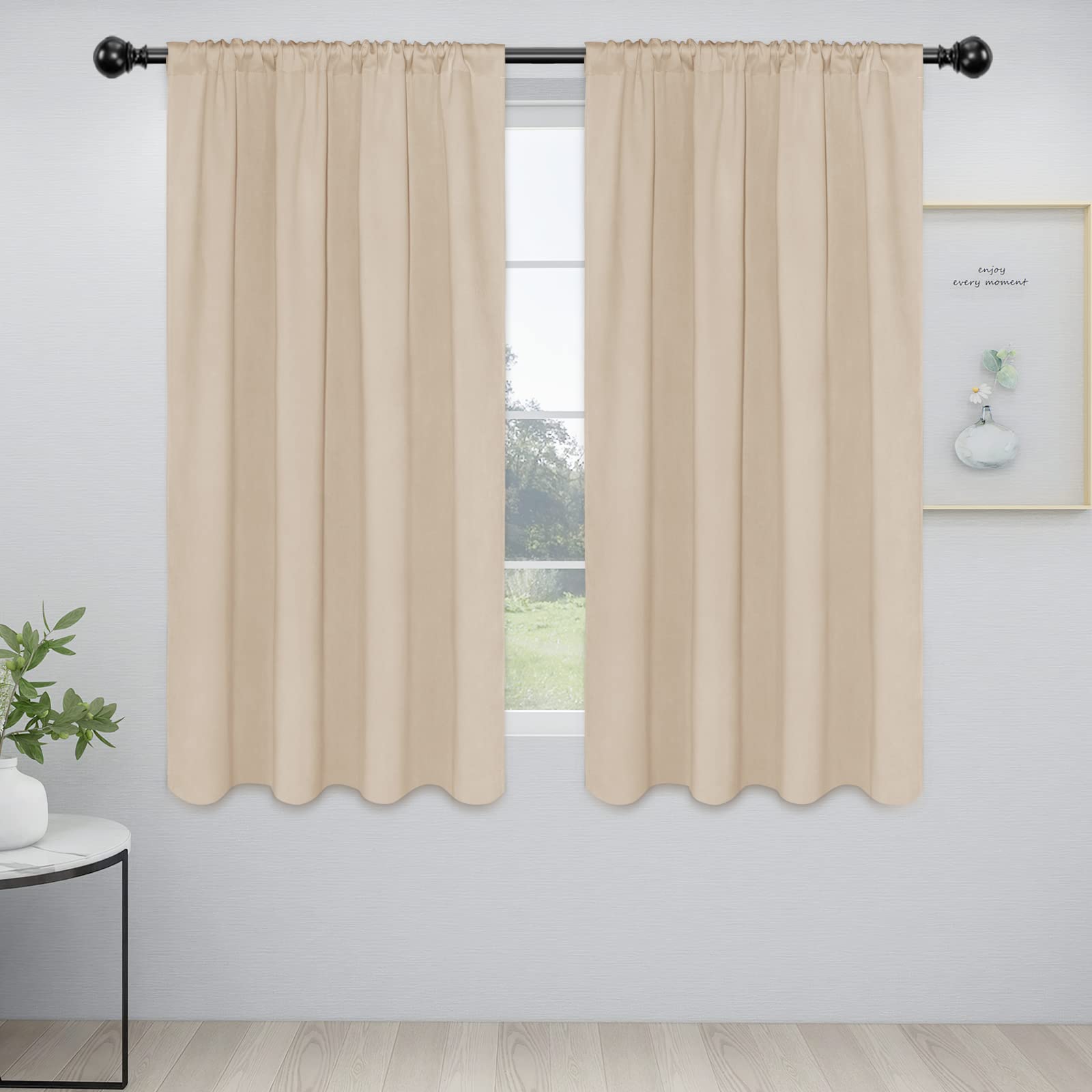 Easy-Going Rod Pocket Blackout Curtains For Bedroom, Room Darkening Window Curtains For Living Room, Thermal Insulated Noise Reduction Solid Window Drapes, 2 Panels(42X63 In, Beige)