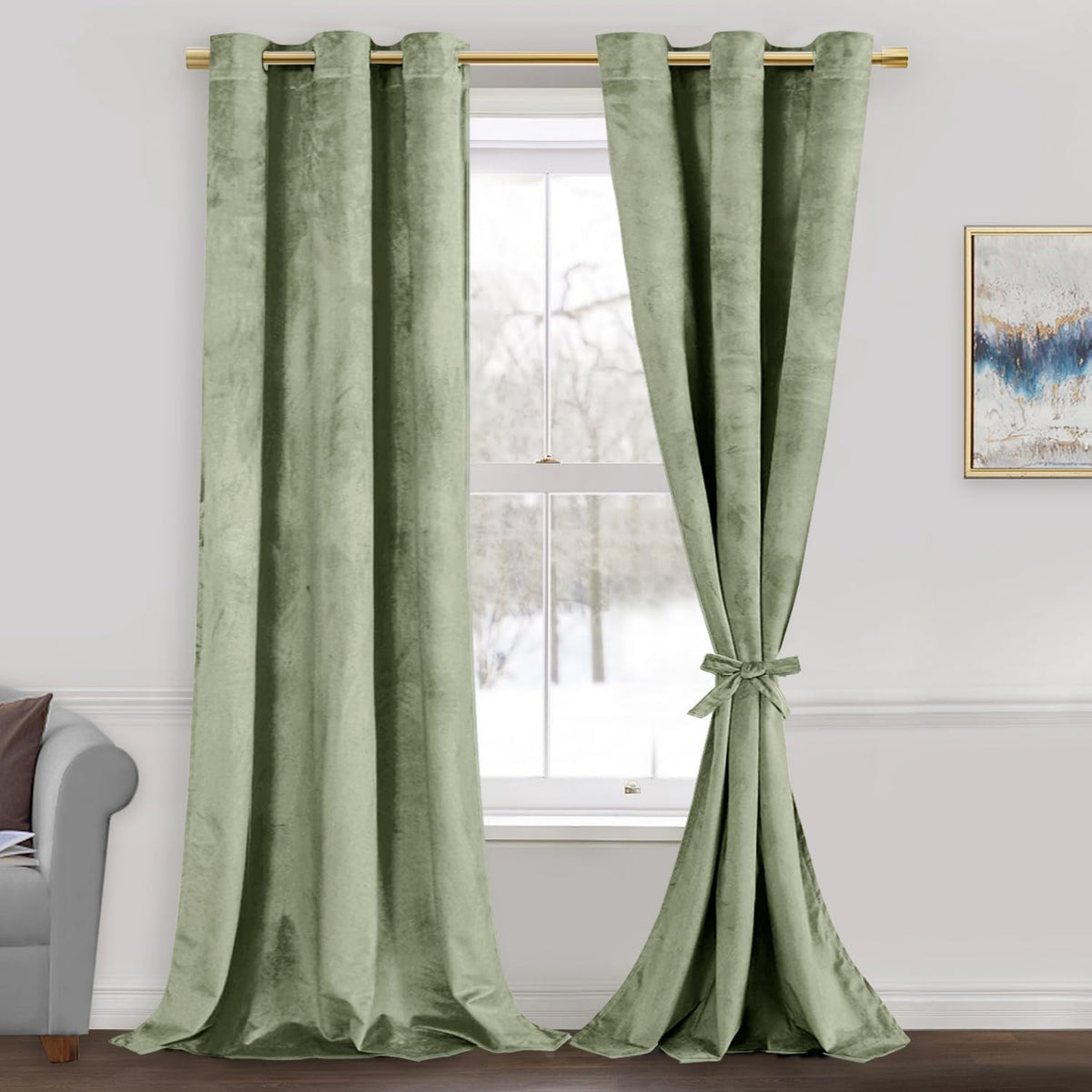 Jiuzhen Sage Green Velvet Curtains 84 Inches Blackout Curtains For Living Room - Privacy Protect Room Darkening Grommet Thick Ve