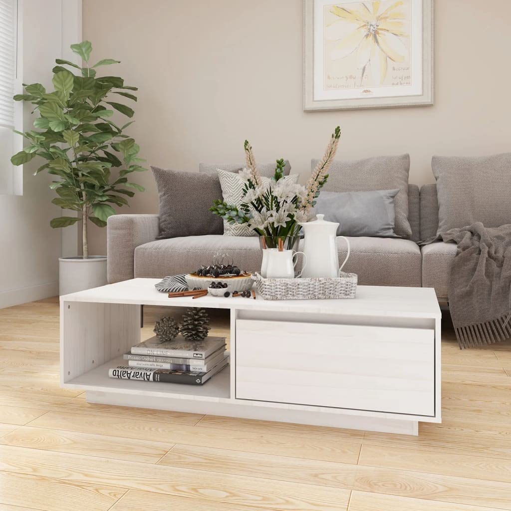 vidaXL Solid Pinewood Coffee Table Home Indoor Living Room Dining Room Wooden Storage Accent Side Sofa Couch End Tea Table Furniture White