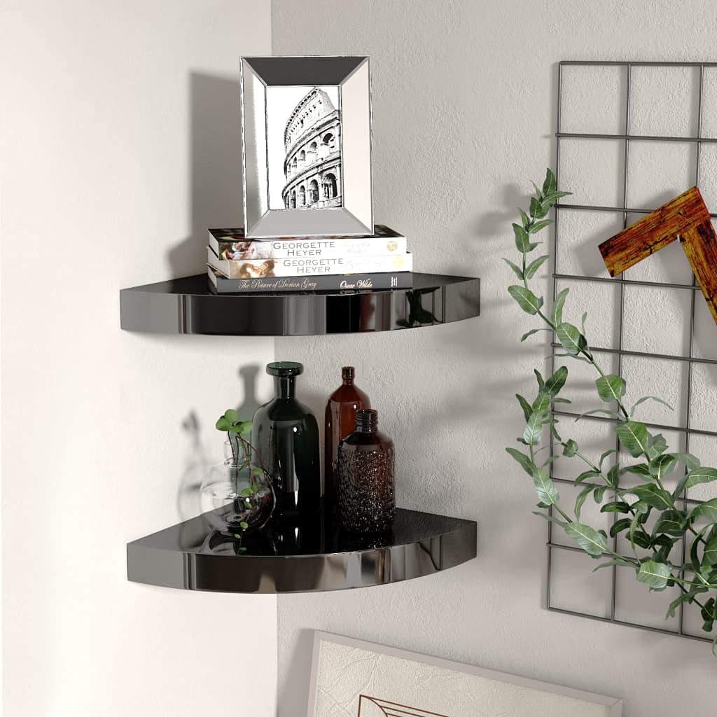 vidaXL Wall Corner Shelves Floating Corner Shelf 2 Pcs High Gloss Black MDF
