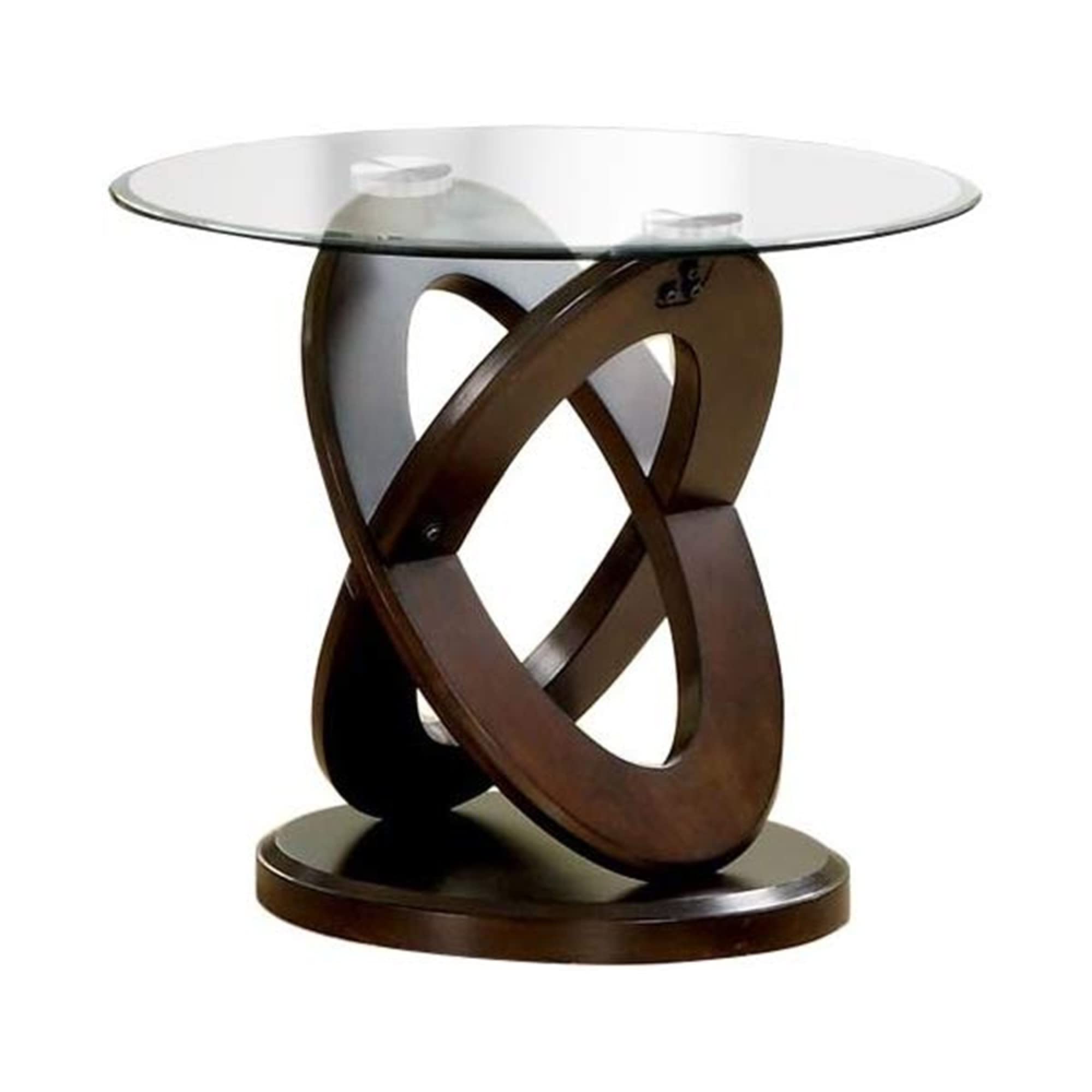 Benjara Cross Oval Base End Table With Round Glass Top, Brown And Clear