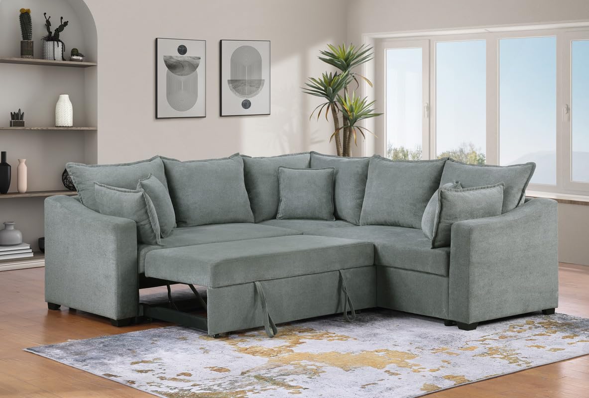 Lilola Home Allen 92" W Gray Woven Fabric Sleeper Sectional Sofa with Throw Pillows