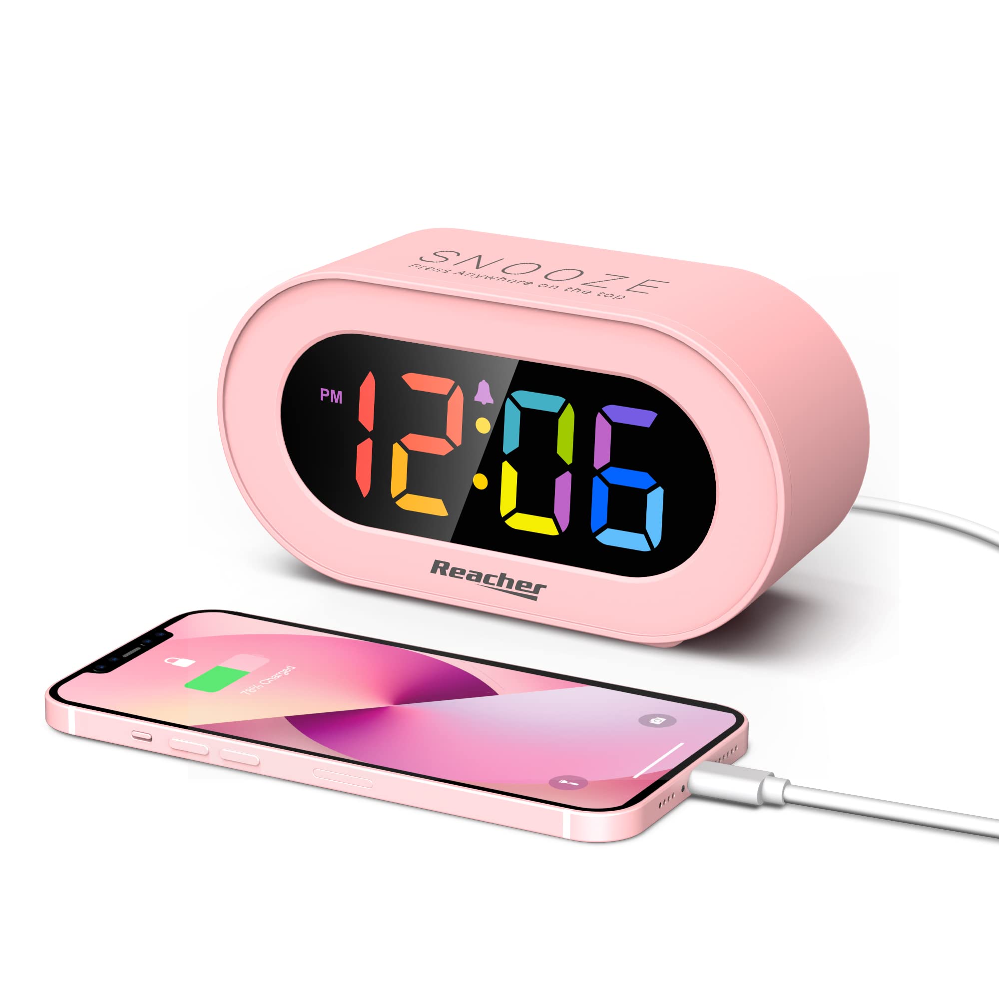 REACHER Pink Girls Alarm Clock, Dimmable Colorful LED Digital Display, USB Phone Charger Port, Simple Operation for Kids, Adults