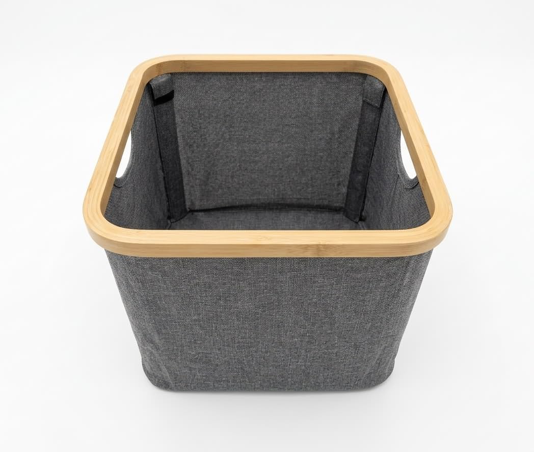 LoongZDD Bamboo Storage Basket, Collapsible Fabric Shelf Basket with Handles, OpenTop Closet Organizer Bin, Gray, 11.8 x 11.8 x