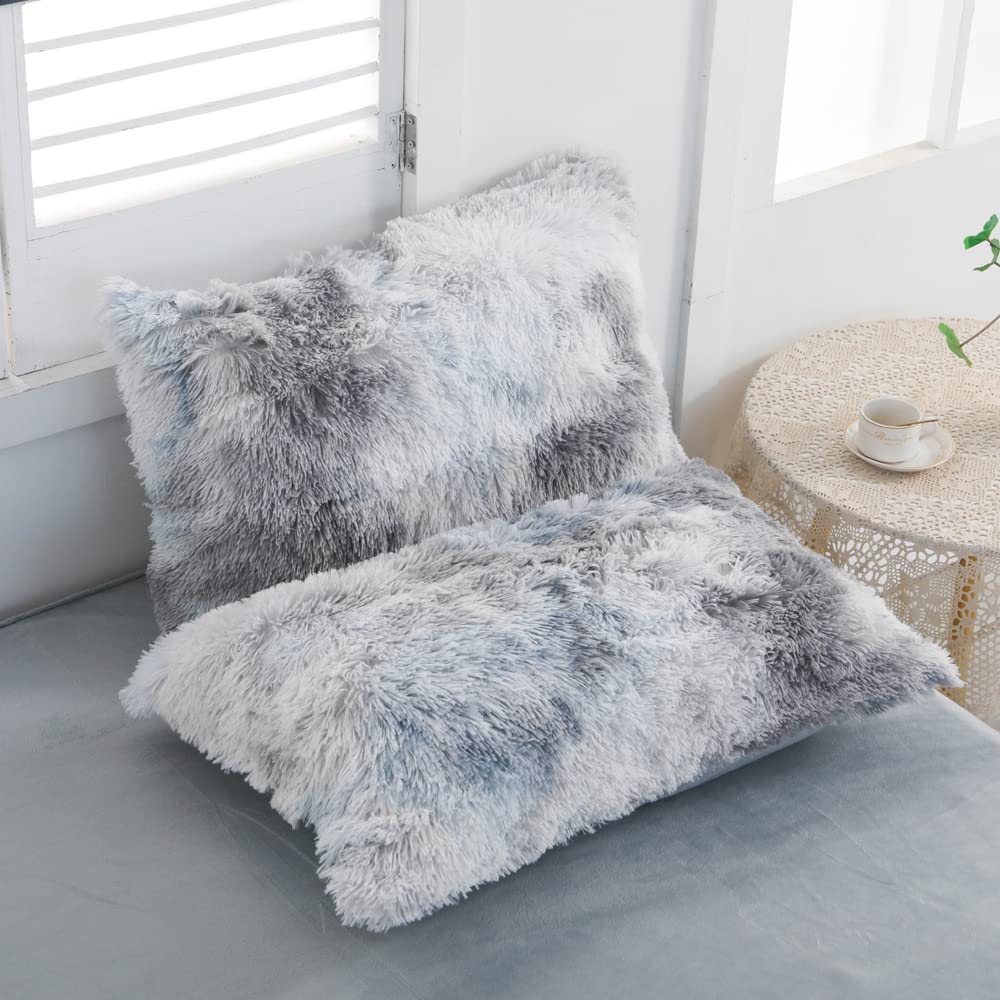 Chovy Faux Fur Tie-Dyed Black White Gray Colorful Comforter Sets Queen - 3Pc Bed Set Ultra Soft Plush Flannel Velvet Fluffy Fuzz