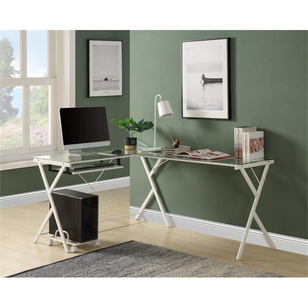 Acme Demas Glass Top L-Shaped Computer Desk with Holder in Clear and White