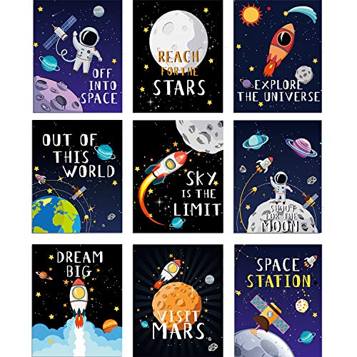 Blulu 9 Pieces Outer Space Decor for Kids Room Boy Bedroom Space Posters 8 x 10 Inch Cute Inspirational Art Decoration for Boys 
