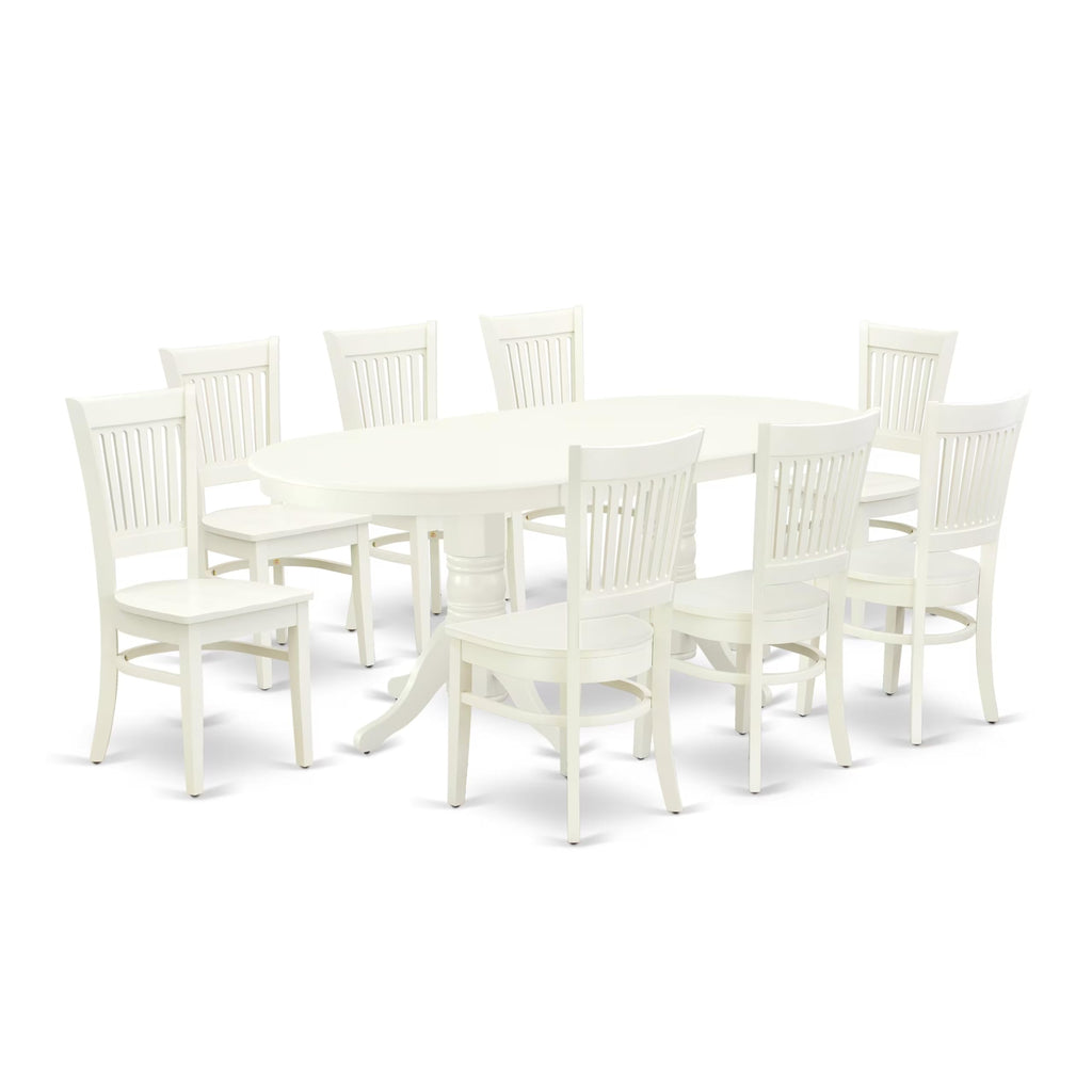 East West Furniture Vava9-Lwh-W 9 Piece Dining Room Table Set Includes An Oval Kitchen Table With Butterfly Leaf And 8 Dining Chairs, 40X76 Inch, Linen White