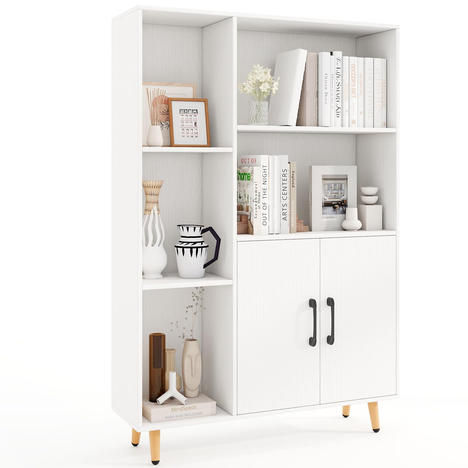 Giantex 47' Storage Cabinet, Floor Cabinet, Bookcase W/ 2 Doors, 5 Open Shelves, Metal Legs & Anti-Tip Kits, Side Display Cabinet, Storage Organizer, Book Shelf For Bedroom Entryway Living Room, White