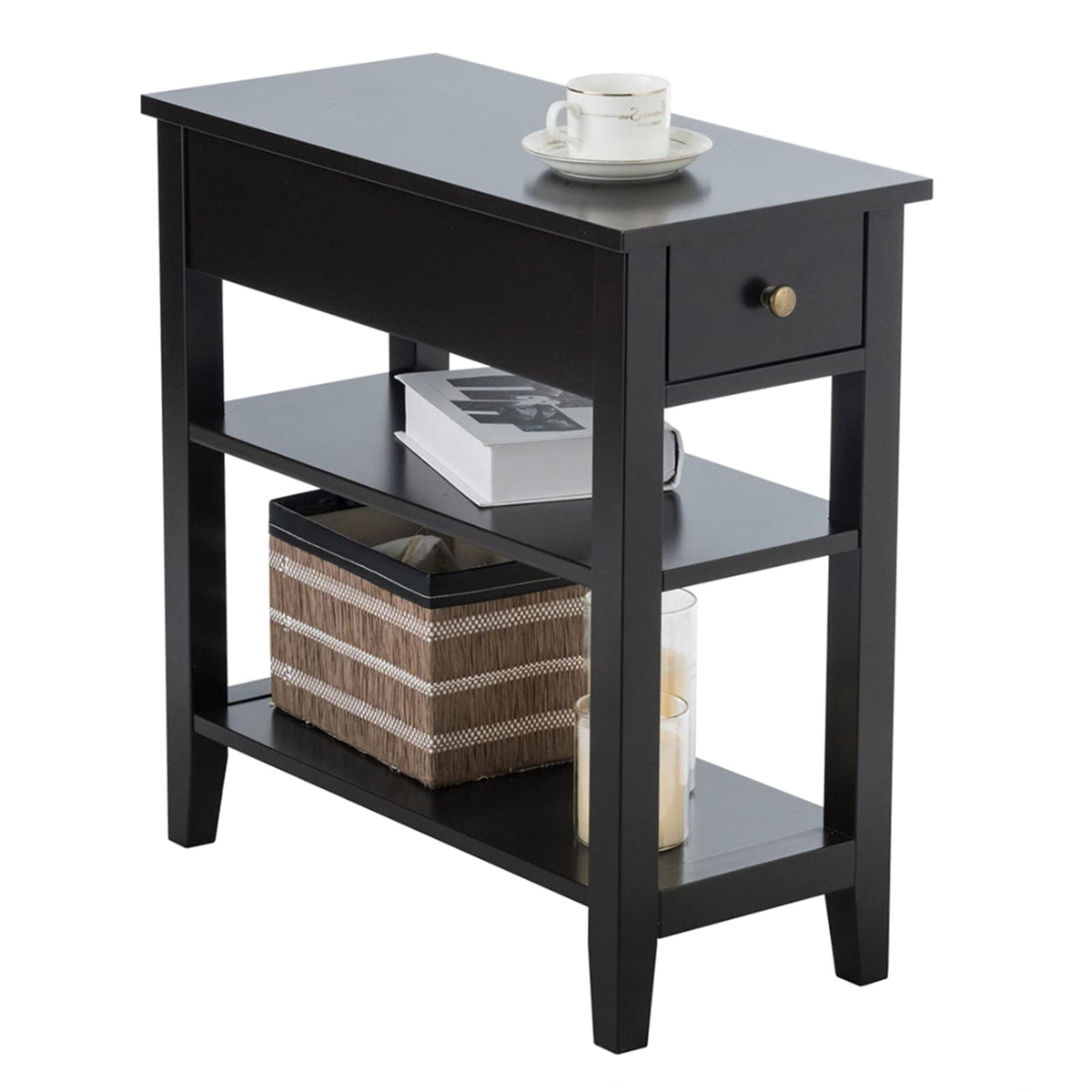 Kotek End Table With Drawer And Open Storage Shelf, Narrow Side Table, Slim Bedside Table, 3-Tier Nightstand For Living Room, Bedroom, Office (Black)