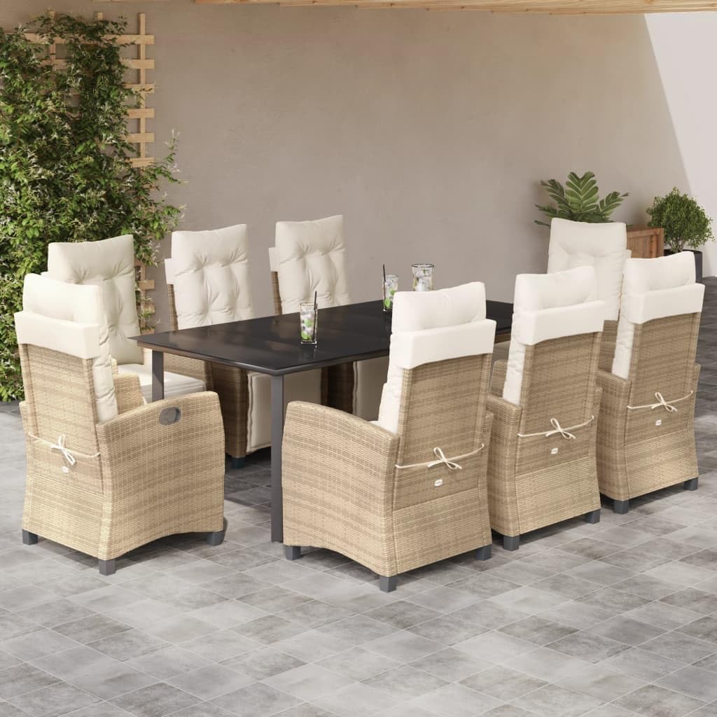 vidaXL Patio Dining Set with Cushions 9 Piece Beige Poly Rattan - Includes Garden Table and 8 Chairs, Adjustable Backrest, Tempered Glass Top, Removable Cushions, Weather Resistant, for Outdoor...