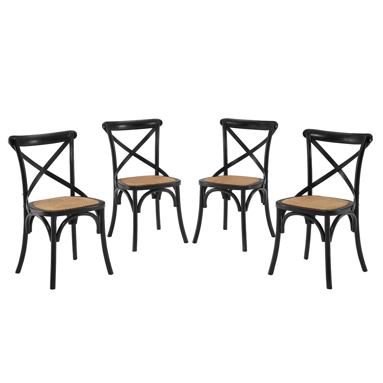 Modway Gear Rustic Modern Farmhouse Elm Wood Rattan Four Dining Chairs In Black