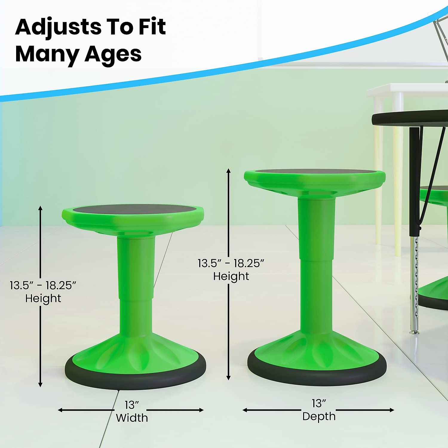 Flash Furniture Carter Adjustable Height Active Learning Stool for Classrooms, Backless Wobble Stool with 360-Degree Swivel, 14&quot; - 18&quot; H, Green