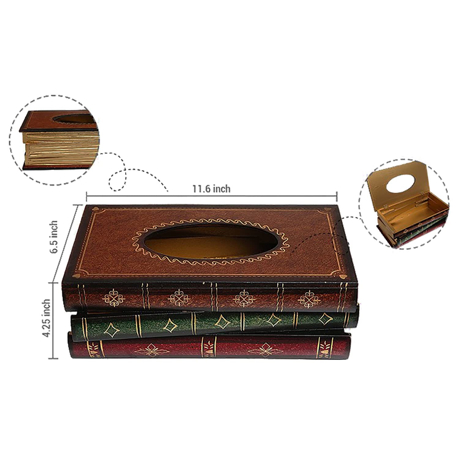 Mygift Vintage Stacked Books Design Solid Wood Tissue Box Holder Rectangular With Easy Refill Hinged Top, Home Office Decor Tiss