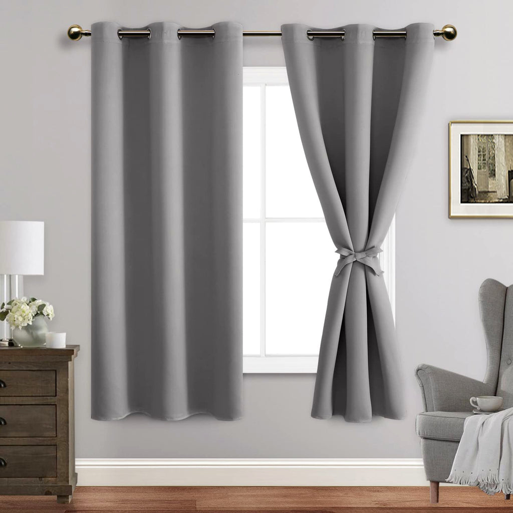 Jiuzhen Blackout Curtains With Tiebacks - Thermal Insulated, Light Blocking And Noise Reducing Grommet Curtain Drapes For Bedroom And Living Room, Set Of 2 Panels, 42 X 63 Inch Length, Light Grey