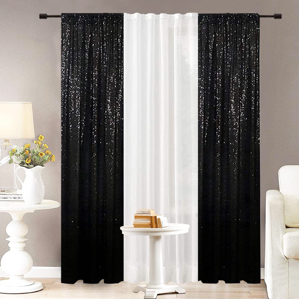 Eternal Beauty 2 PCS Halloween Sequin Curtains Black Sequin Wedding Curtain Backdrop for Christmas Party, Birthday (Black 2FTx8F