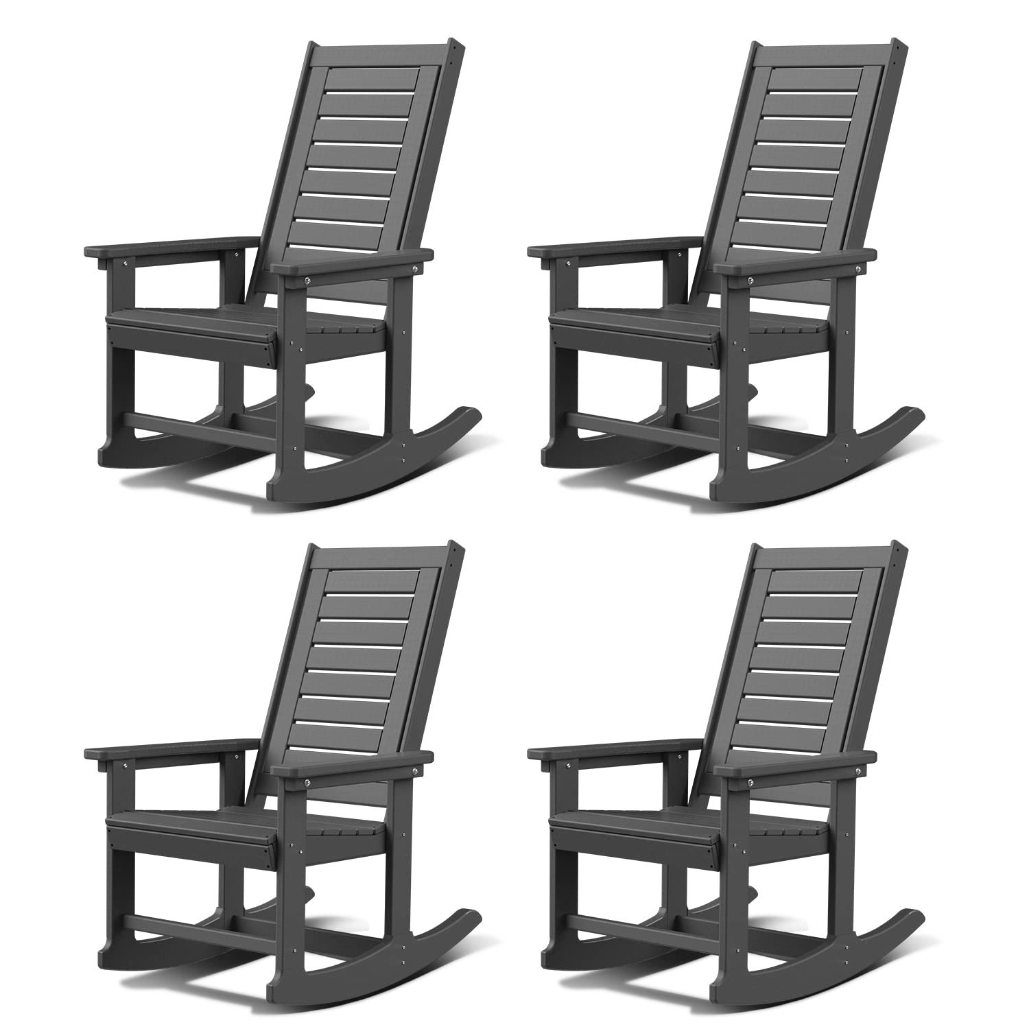 Greenvines Outdoor Rocking Chairs | Set Of 4 | Porch Rocker | Hdpe Plastic | Grey | Oversized Rockers | High Back | Big & Tall | Ladder Back | For Patio Outside Backyard Balcony Garden