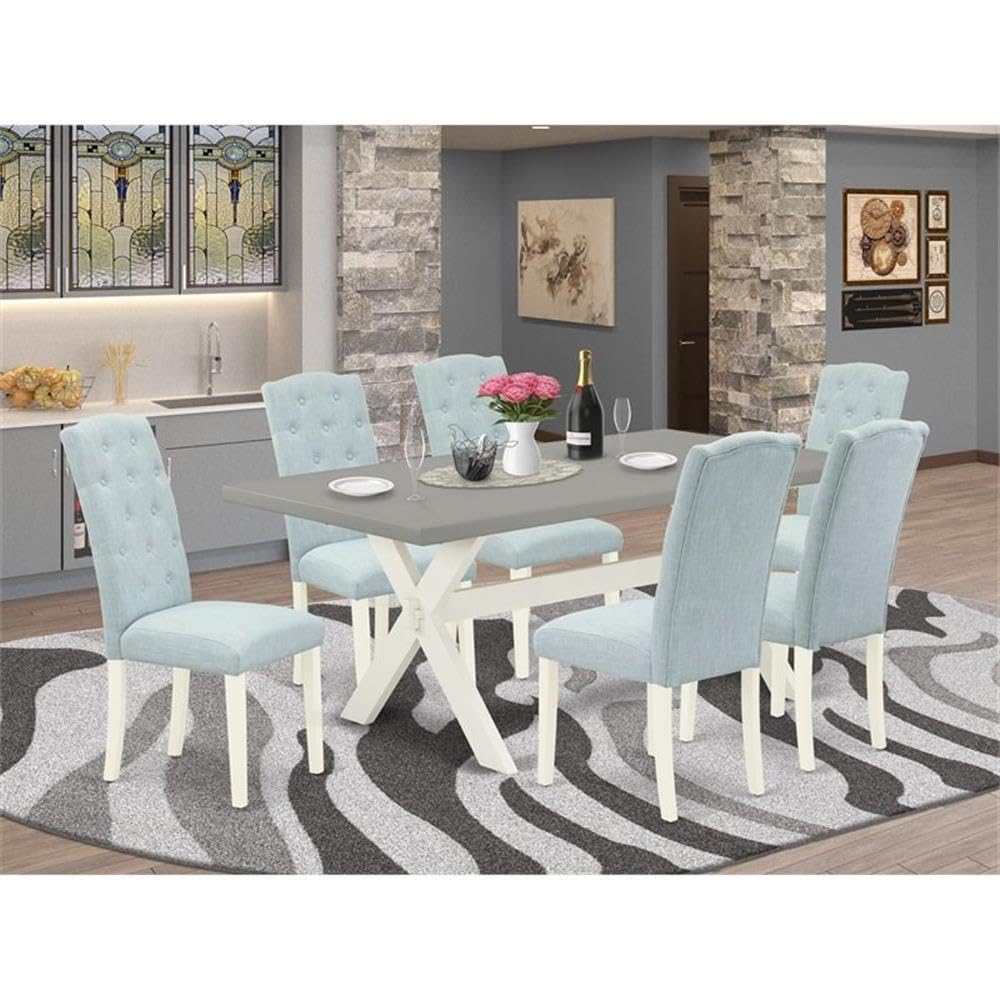 East West Furniture X097Ce215-7 7 Piece Dining Table Set Consist Of A Rectangle Dining Room Table With X-Legs And 6 Baby Blue Linen Fabric Parsons Chairs, 40X72 Inch, Multi-Color