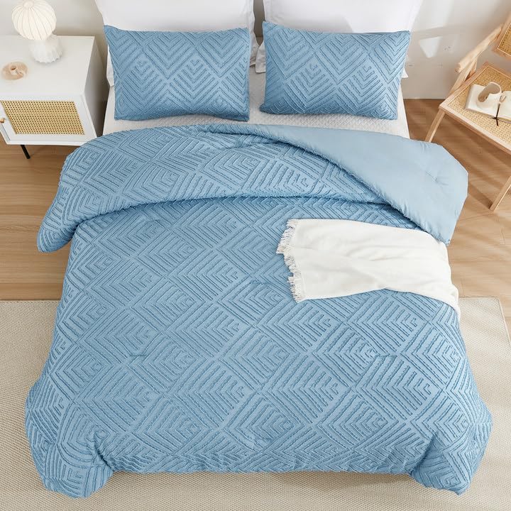 Andency Grayish Blue Comforter Set Queen Size, Lightweight Fluffy Bedding Comforter Sets For Queen Bed, 3 Pieces Tufted Farmhous