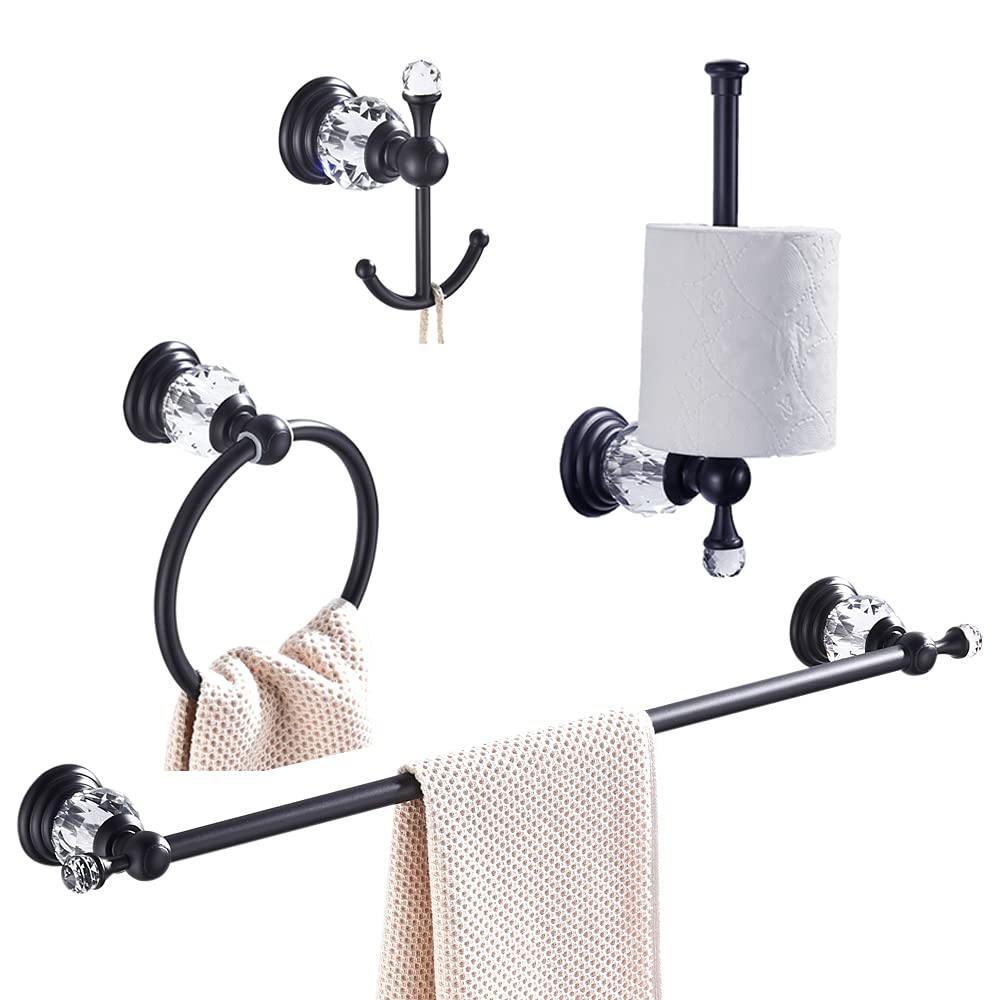 Leyden Crystal Bathroom Hardware, Matte Black Bathroom Accessories Set Towel Bar Toilet Paper Holder Towel Ring Coat Hooks 4 Pie