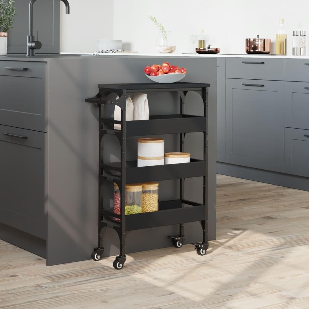 vidaXL Black Kitchen Trolley - Engineered Wood Storage Cart with Wheels, Towel Rack, 20.9&quot;x7.9&quot;x29.9&quot;, Versatile Shelving for Any Room