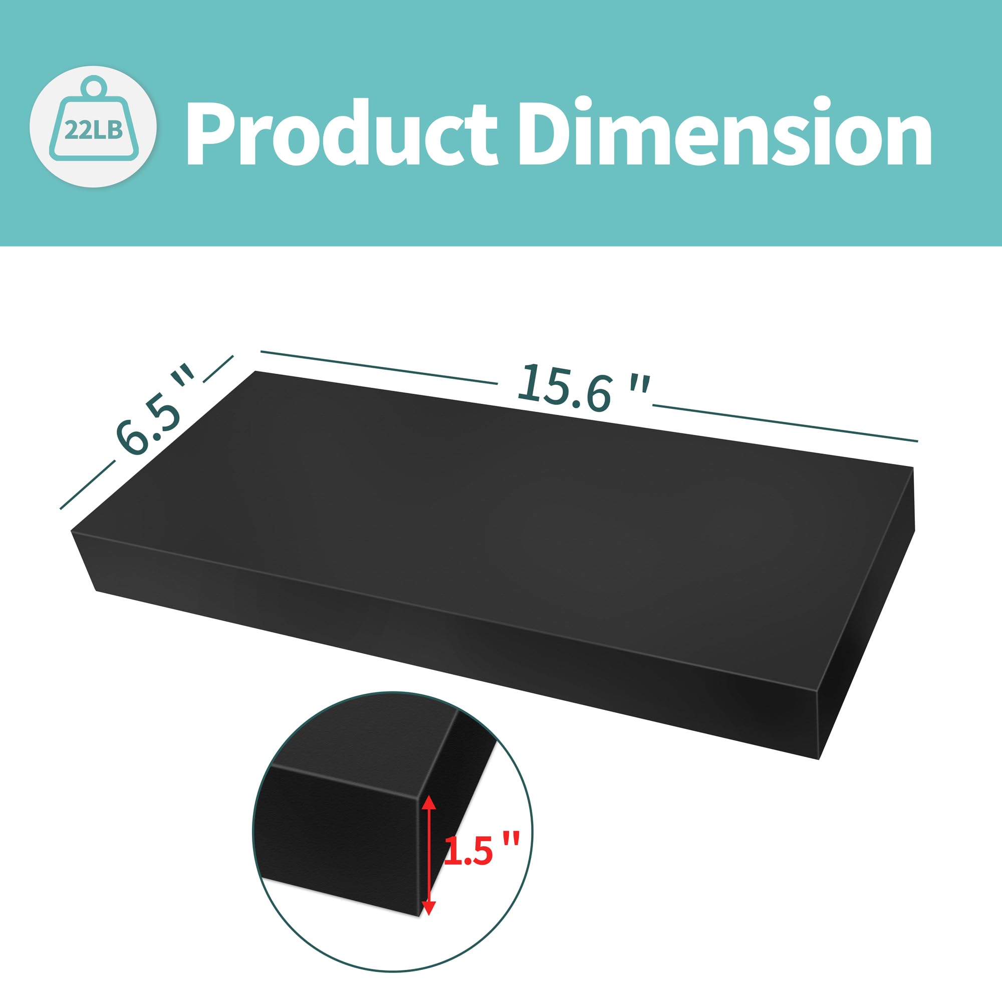 Lavie Home Floating Shelves, 15.6 Inch Wall Shelf Set Of 3, Hanging Shelf With Invisible Brackets, Wall Decor For Bathroom, Bedroom, Living Room, Kitchen Storage, Classic Black