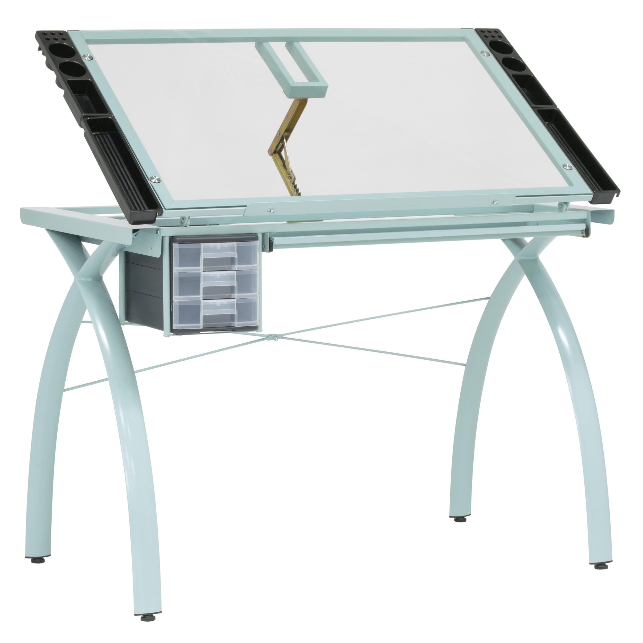 SD STUDIO DESIGNS Futura Crafting, Drafting, Drawing Table with Adjustable Top, Matte Ivory/Sea Green Glass