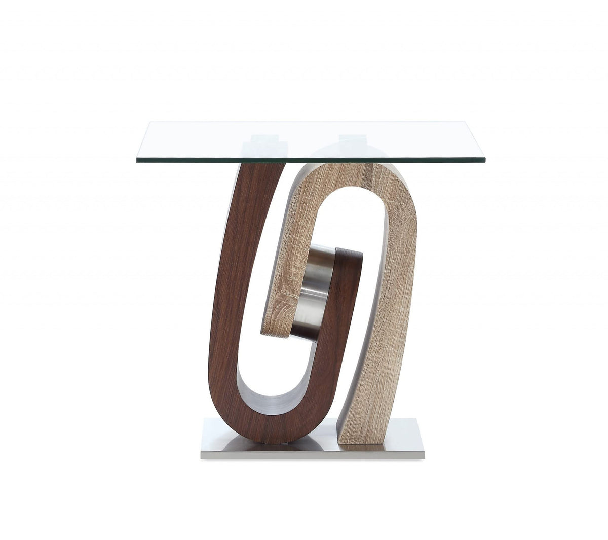 HomeRoots Walnut, Oak Glass, Wood, Metal Oak and Walnut Ultra Modern End Table with Glass top