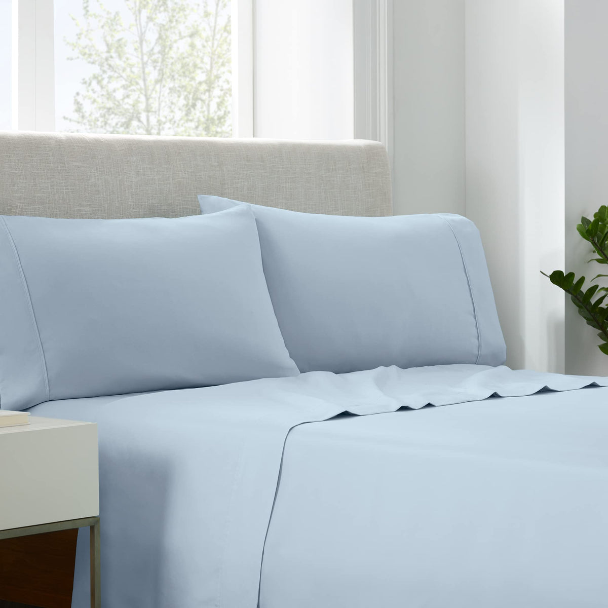 Serta Simply Clean Super Soft Hypoallergenic Stain Resistant Deep Pocket 3 Pieces Solid Bed Sheet Set, Twin, Light Blue