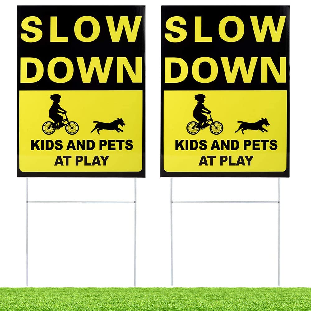 Kichwit 2 Pack Double Sided Slow Down Kids And Pets At Play Yard Signs With Metal Stakes, Sign Measures 11.8 X 15.7 Inches