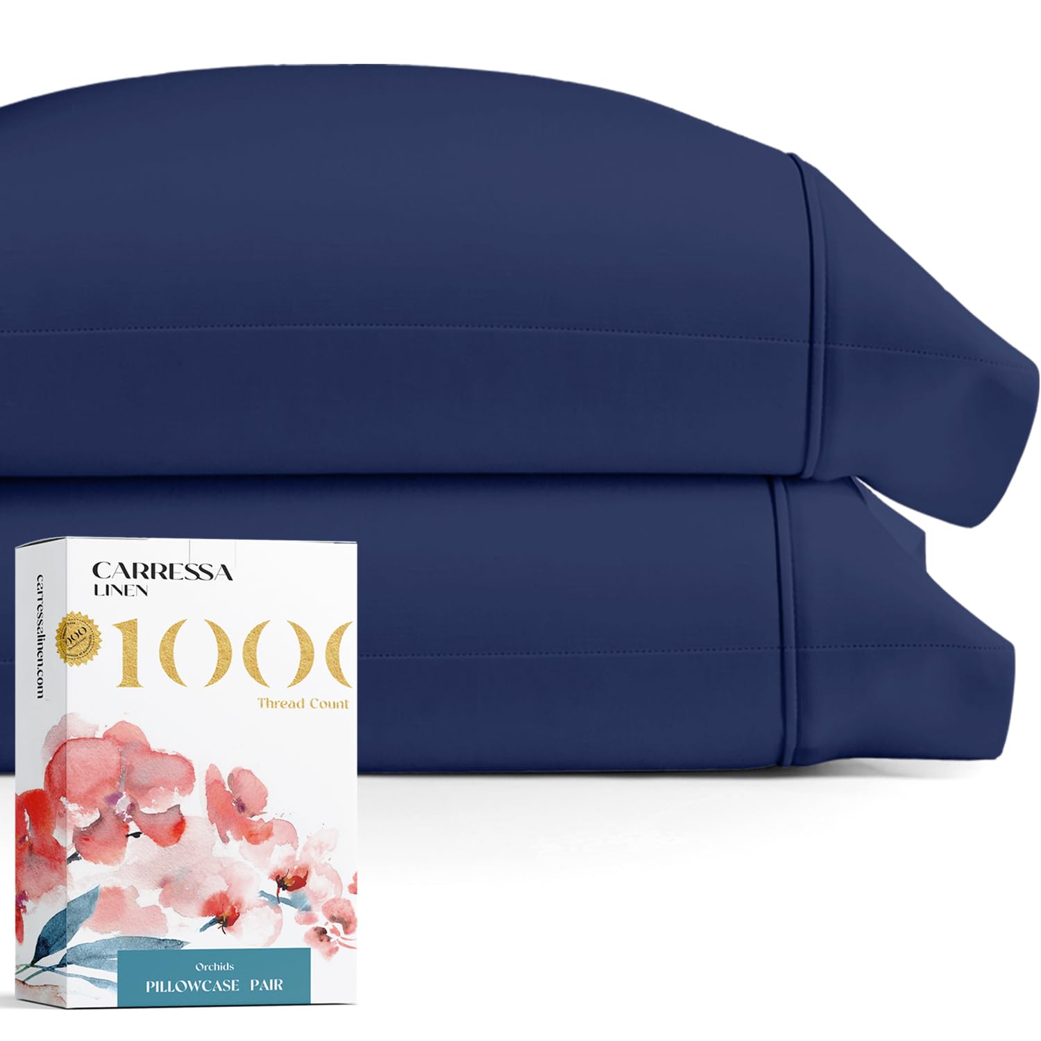 1000 Thread Count Egyptian Cotton Pillow Cases, Navy Blue Queen Pillowcase Set Of 2, Longstaple Combed Pure Natural Cotton Pillo