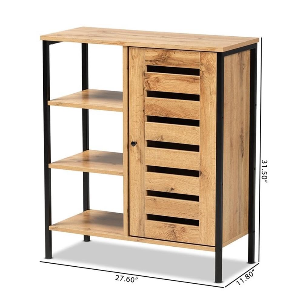 Baxton Studio Vander Modern and Contemporary Oak Brown Finished Wood and Black Finished Metal 1-Door Shoe Storage Cabinet