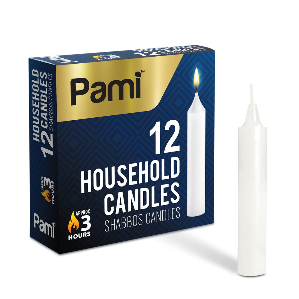 PAMI Traditional Shabbat Candle Sticks [12-Pack] - Unscented Taper Candles with 3 Hours Burning Time- Paraffin Shabbos Candles w