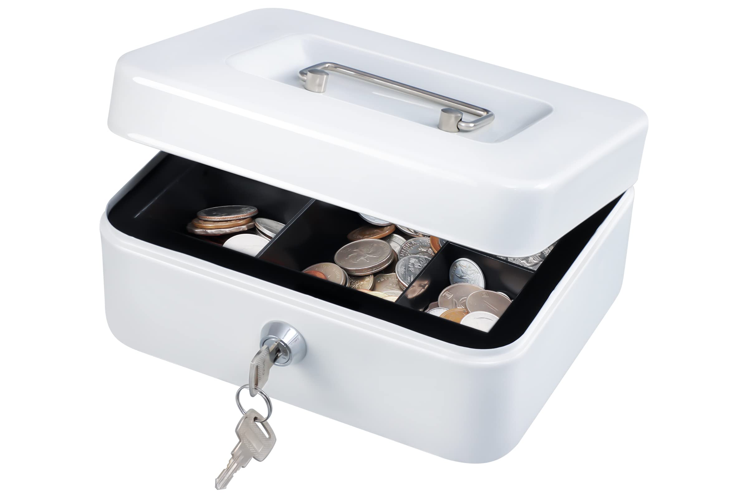 Kyodoled Medium Cash Box With Money Tray,Small Safe Lock Box With Key,Cash Drawer,7.87'X 6.30'X 3.54' White Medium