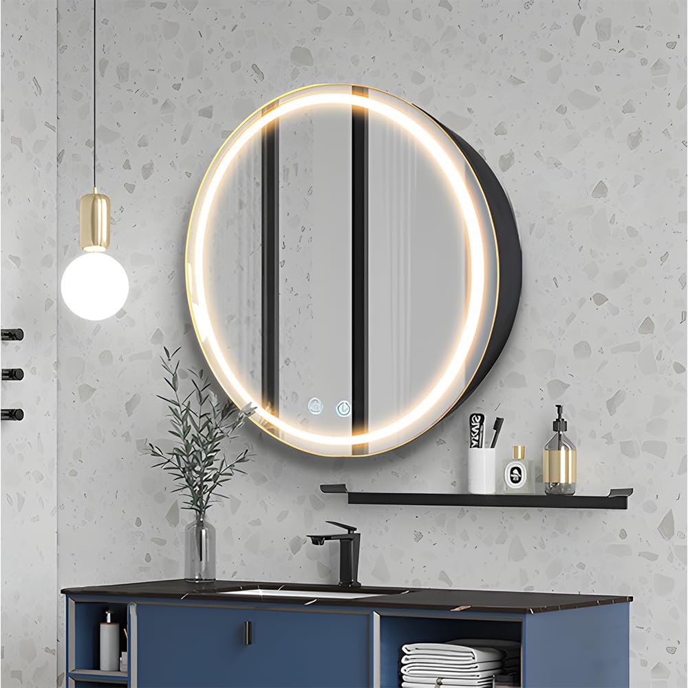 Janboe 20inch Round Medicine Cabinet with Lights,Led Medicine Cabinet with Defogger,Illuminated Mirror Cabinet for Bathroom,Dimm