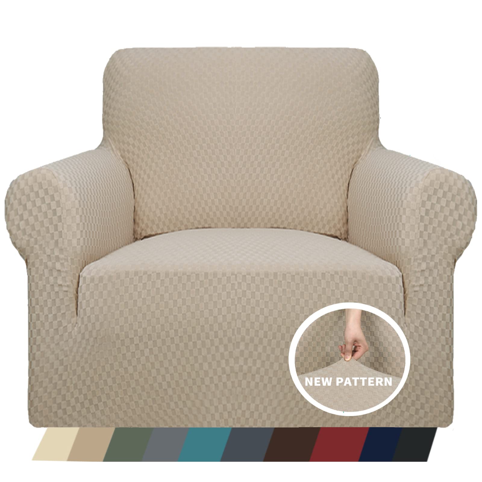 Znsayotx 1 Piece Jacquard Chair Slipcovers For Living Room High Stretch Chair Covers With Arms Anti Slip Pets Friendly Couch Sofa Armchair Cover Furniture Protector (Chair, Khaki)